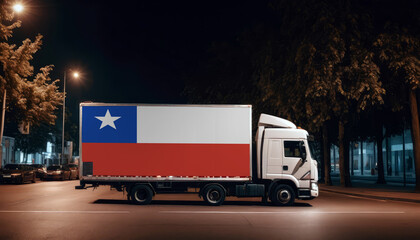Chile  flag on the back of white truck against the backdrop of the city. Truck, transport, freight transport. Freight and Logistics Concept