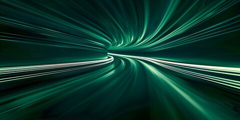 Dazzling Emerald Green Curves in Motion on Dark Backdrop with Hypnotic Luminous Trail Effect - obrazy, fototapety, plakaty