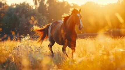Energetic Horse Running Through Tall Grass - obrazy, fototapety, plakaty