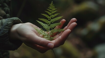 woman's hand holding fern leaf, nature plant care concept