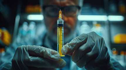 A man holding a syringe with a yellow liquid in it