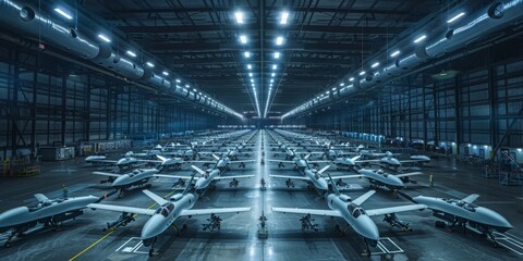 A large hangar with many drones inside