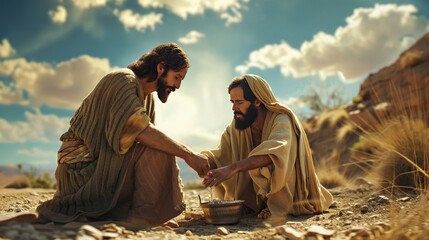 Jesus offering water and love to travelers in the desert