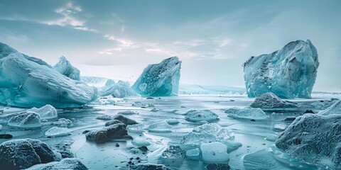 A frozen landscape with a few large ice blocks and a few smaller ones