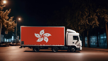 Hong kong  flag on the back of white truck against the backdrop of the city. Truck, transport, freight transport. Freight and Logistics Concept