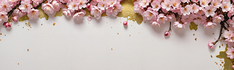 Long rectangular banner with a light pink and white background, petals scattered across the surface. The overall aesthetic is feminine and soft, with a romantic feel. It could be used as a background 