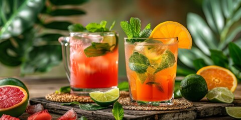 Two drinks with a garnish of lime and orange slices on a wooden table