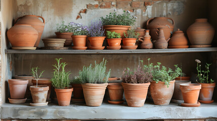 collection of herbs grown in terracotta pots, adding a rustic touch