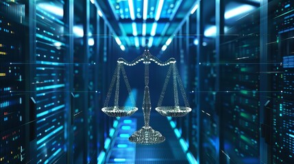 Law scales on data center background, digital transformation of justice concept - obrazy, fototapety, plakaty