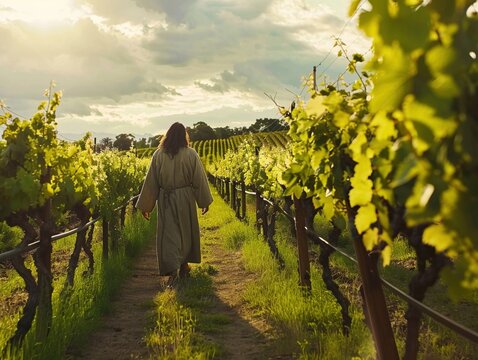 Scenic view of Jesus walking through a vineyard