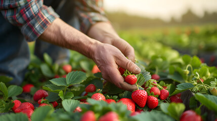 farmer handpicking strawberries from neat rows of plants in a strawberry field