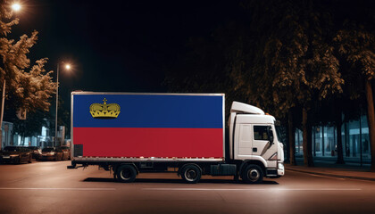 Liechtenstein  flag on the back of white truck against the backdrop of the city. Truck, transport, freight transport. Freight and Logistics Concept - obrazy, fototapety, plakaty
