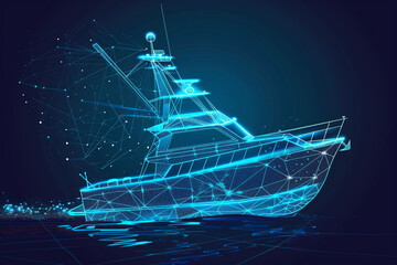 An imaginative digital illustration of a sleek and futuristic boat navigating through a virtual...