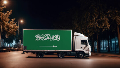 Saudi Arabia  flag on the back of white truck against the backdrop of the city. Truck, transport, freight transport. Freight and Logistics Concept
