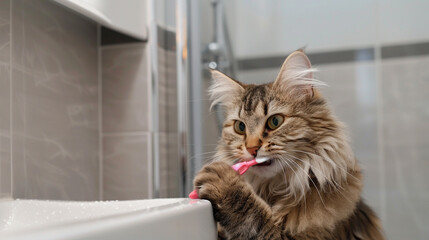 A whimsical illustration of a cat standing on its hind legs in a washroom, using a toothbrush to diligently brush its teeth, showcasing the charming and humorous antics of our feline friends. 