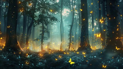 Mysterious Dark Forest with Glowing Fireflies and Ancient Tree Silhouettes