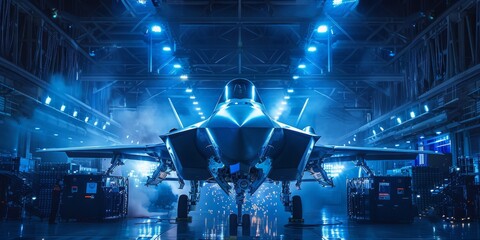 A jet is on display in a hangar with lights shining on it - obrazy, fototapety, plakaty