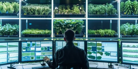 A man is sitting in front of a computer monitor with several other monitors in front of him.