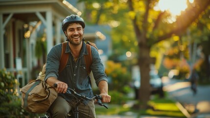 Fototapeta na wymiar Man Riding Bicycle Down Street