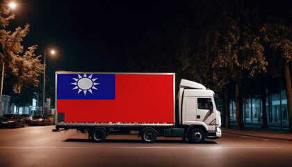 Taiwan  flag on the back of white truck against the backdrop of the city. Truck, transport, freight transport. Freight and Logistics Concept