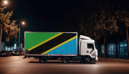 Tanzania  flag on the back of white truck against the backdrop of the city. Truck, transport, freight transport. Freight and Logistics Concept
