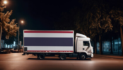 Thailand  flag on the back of white truck against the backdrop of the city. Truck, transport, freight transport. Freight and Logistics Concept