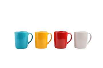Four Different Colored Coffee Mugs Lined Up in a Row. On a White or Clear Surface PNG Transparent Background..
