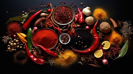 Spice Spectrum Symphony - An array of exotic spices artistically displayed