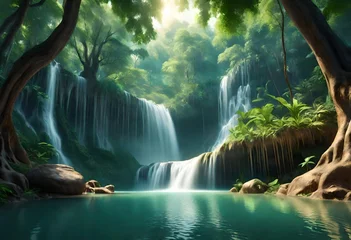 Deurstickers waterfall in the forest © Areeba