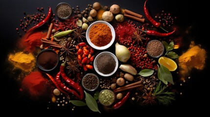 Spice Spectrum Symphony - An array of exotic spices artistically displayed