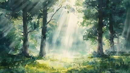 Fototapeta premium Serene Misty Forest with Sunbeams Filtering Through Trees, Enchanting Nature Watercolor Painting