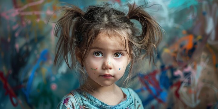 A young girl stands in front of a wall covered in paint.