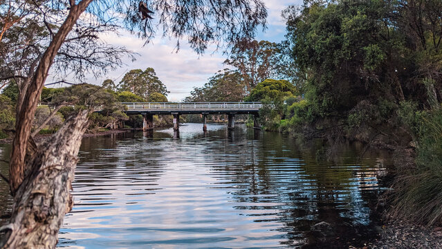A wooden bridge over a river. Image taken at sunset with a tree framing the image on the left. Calm and reflective waters 