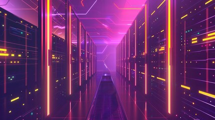 Server Room with Glowing LED Lights, Network Infrastructure and Data Center Concept, Digital Illustration