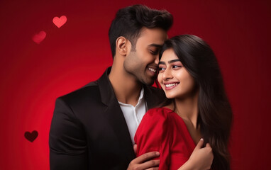 Young indian couple hug to each other and celebrating valentine day