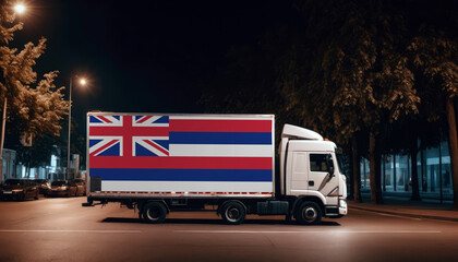 Hawaii  flag on the back of white truck against the backdrop of the city. Truck, transport, freight transport. Freight and Logistics Concept