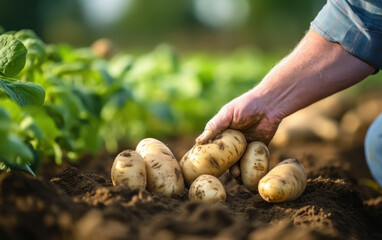 close view of man hands picking potatoes at agriculture field