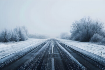 Fototapeta na wymiar Winter's Poem: The Slick Symphony of Icy Roads and Nature's Frosted Embrace