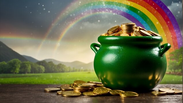 A vibrant Saint Patrick's Day scene showcasing a rainbow leading to a leprechaun's overflowing pot of gold coins Generative AI