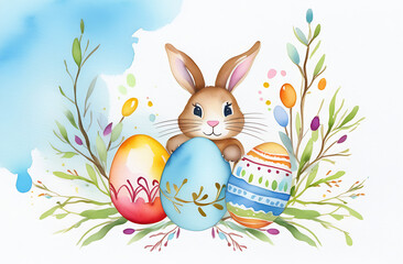 multi-colored Easter eggs, willow branches, little Easter bunny, on a light blue background - yellow and green tones - easter card background - spring design element. free space for text