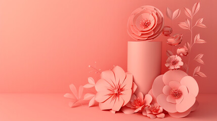 A stunning colored background adorned with lifelike paper flowers arranged elegantly, offering ample copy space for creative designs or messages
