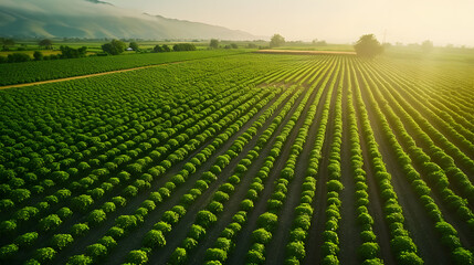 An aerial view of a farm with neatly organized crop rows - Powered by Adobe