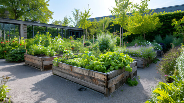 well-maintained vegetable garden with raised beds, showcasing a variety of thriving plants