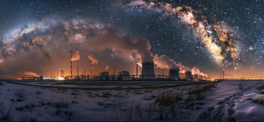 A beautiful night sky with stars and power plant
