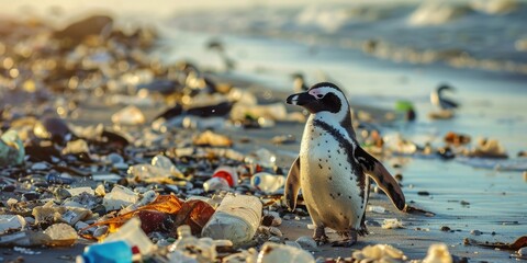 A penguin is standing on a beach with trash all around it