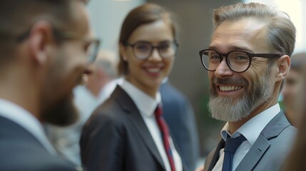 An adult successful man laughs and communicates with experts at a business conference. Searching for connections and new opportunities to expand the company