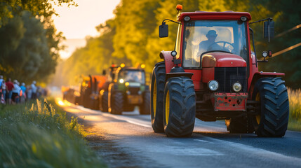 Capture the excitement of a parade featuring various types of tractors