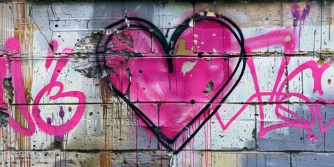 A heart is painted on a wall with graffiti