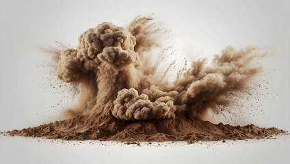A vivid depiction of dry soil erupting in an abstract dust cloud, isolated on a white background for dramatic effect Generative AI - obrazy, fototapety, plakaty