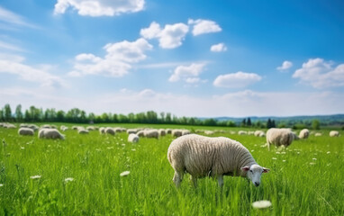 Fototapeta premium close up Sheep grazing on a lush green field,